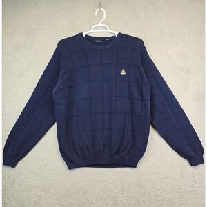 Vintage Izod Fisherman Sweater Men's XL Navy Blue Preppy Golf Windowpane Grandpa